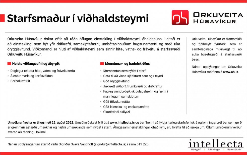 Óskað eftir starfsmanni í viðhaldsteymi