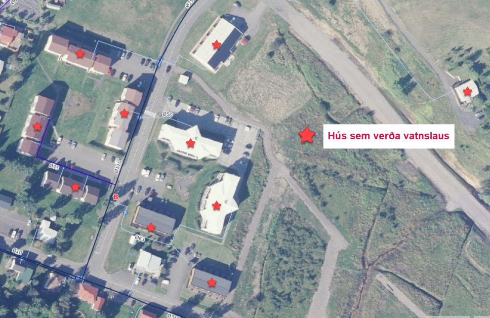 Rauðar stjörnur sýna þau hús sem verða vatnslaus á meðan framkvæmdum stendur.