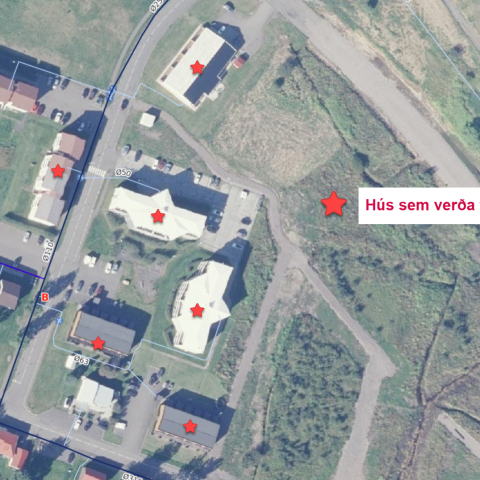 Rauðar stjörnur sýna þau hús sem verða vatnslaus á meðan framkvæmdum stendur.